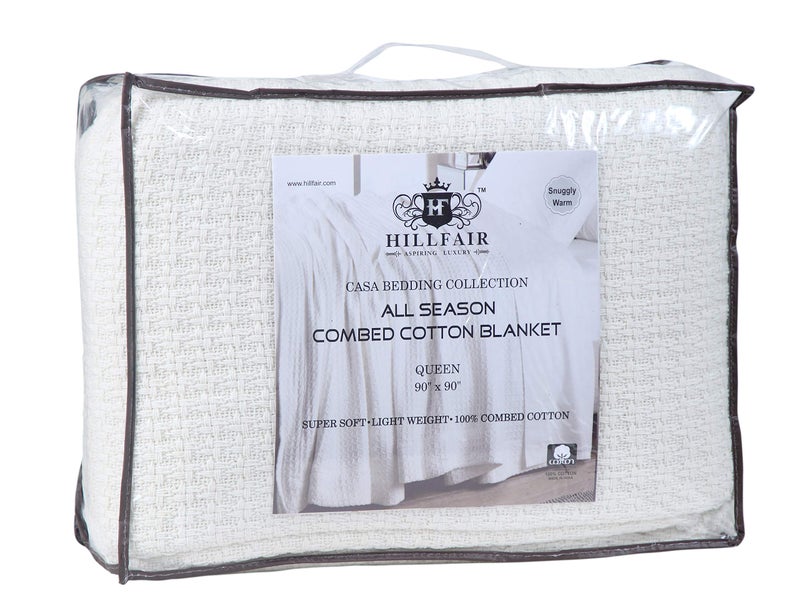 HILLFAIR 100% Combed Cotton Blanketâ€“ King Bed Blanketâ€“ Soft Cozy Warm Multipurpose Throws for Luxury Home Decorâ€“ 90 x 108 inch King Size Cotton Blankets for Beds- Bed Blankets for All Season- Ivory - Image 3